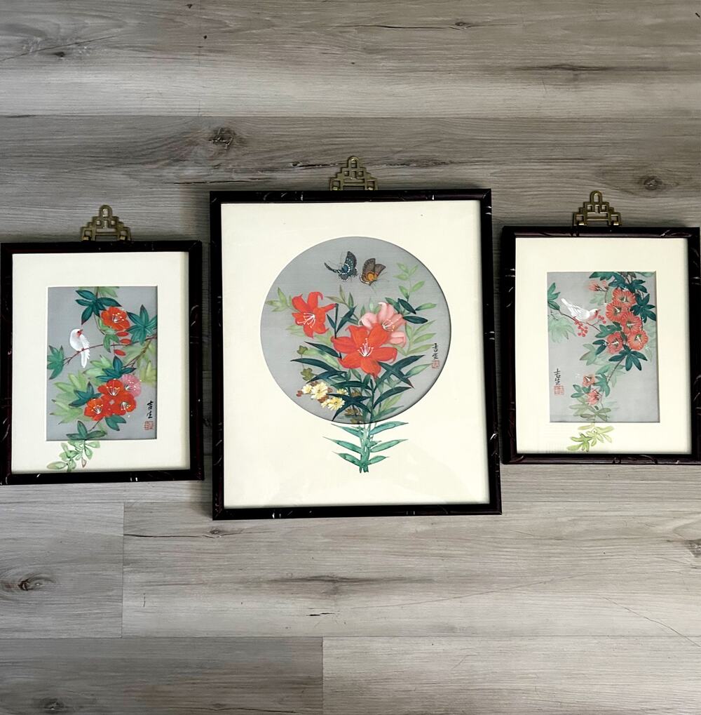 RARE CHINESE Watercolor on Silk Floral & Bird 3 Panel Paintings WONG QUI SANG